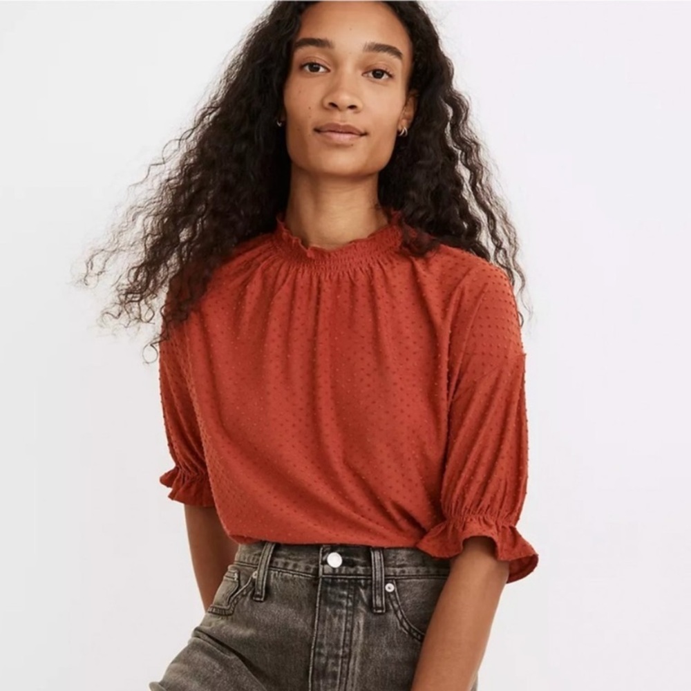 Madewell Rust Dotted Swiss Smocked Neck Blouse
